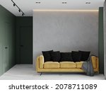 Large room with furniture - a yellow sunny sofa with black pillows. Empty walls are green and gray in stucco. Large format white marble porcelain stoneware floor. 3d rendering