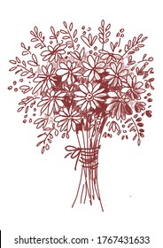 A Large Round Bouquet Of Daisies, The Stems Tied With String. Simple And Cute Bouquet. Drawing With A Brown Marker.