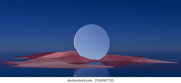 A large, round, reflective object is floating on the surface of a body of water. 3D Illustration