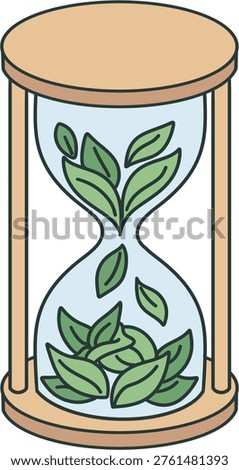 Large sand timer filled with green leaves instead of sand