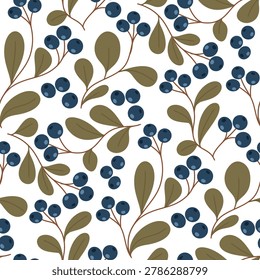 Large scale blueberry seamless pattern with ripe forest berries and leaves on a white background, bold botanical texture for apparel or home decor