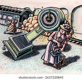 Large scale falling on a Victorian era woman in a train station, an illustration of the famous Palsgraf court case