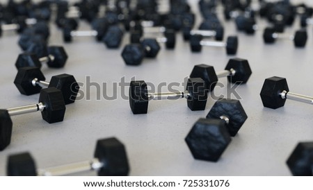 Large scattered array of black dumbells arranged on a minimally textured white concrete surface. This image is a 3d rendering.