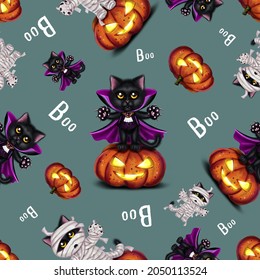 Large seamless pattern on the theme of Halloween with black cats dracula and mummies, pumpkins Jack-o'-lanterns and the inscriptions Boo on a gray background