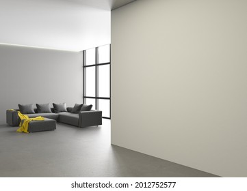 Large Semi-empty Salon With A Large Sofa. Large Windows In The Interior. Empty Walls In The Apartment. 3D Rendering.
Penthouse Unfurnished.