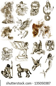 A Large Series Of Mystical Creatures Isolated On White - According To Ancient Greek Myths. /// Full Sized Hand Drawings.