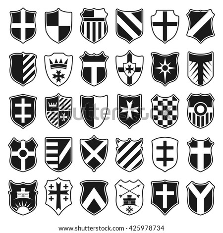 Large set of black heraldic shields with emblems isolated on white background. Raster illustration.