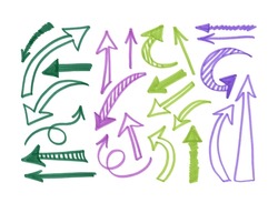 Large Set Doodle Arrows. Green, Purple And Violet Arrows On White Background. Arrows Elements For Timeline, Infographic, Catalog, Background, Website Schedule Notebook Business Planner