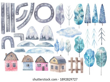 large set with elements of the city, roads, houses, trees, mountains, childrens illustration in watercolor