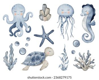 Large set of Underwater Animals. Cute undersea bundle with octopus, seahorse, jellyfish, turtle, shells, algae, corals and bubbles. Hand drawn watercolor illustration of sea Fish for kids design