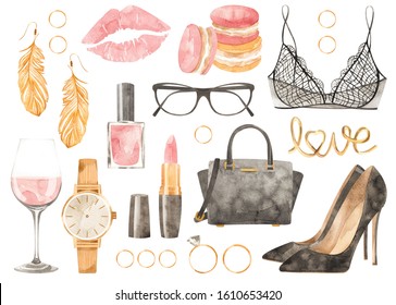 A large set of watercolor elements for Women's Day. Earrings, shoes, bag, glasses, bra, rings, watches, a glass of wine, etc. Stylish things. Suitable for stickers, booklets, signs.
