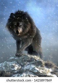 A Large Shaggy Dire Wolf Bares Its Wicked Teeth As It Glares At You With Deep Blue Eyes. The Ice Age Predator Growls And Steps Over Snow Covered Rocks As It Advances. 3D Rendering