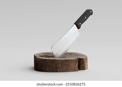 Large sharp meat cleaver sticking out of a rustic wood cutting board on a grey background. 3d render. - Powered by Shutterstock