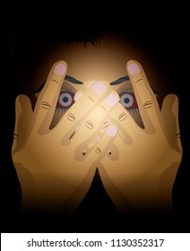 Large Size Illustration Of Frightened Face Covered With Hands Illustration Rape Abuse Eve Teasing Safety Concept