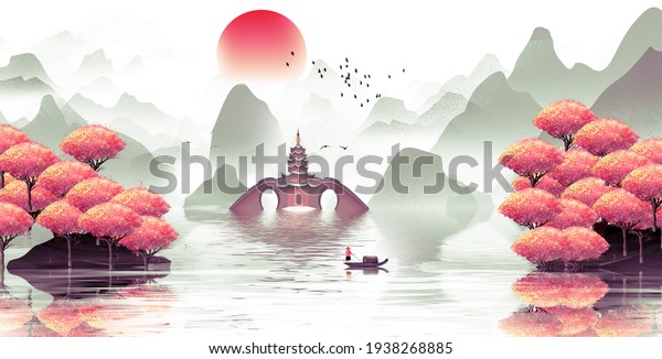 Large size ink landscape painting with Chinese style and elegant artistic conception