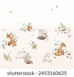 Large size wall mural with hand drawn watercolor forest animals and plants. Stock illustration.