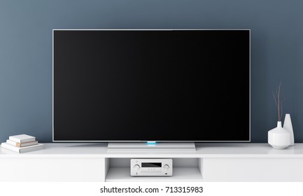Large Smart Tv Mockup With Blank Black Screen On Console. 3d Rendering