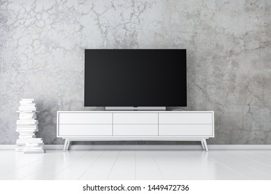 Large Smart Tv Mockup On White Commode. 3d Rendering