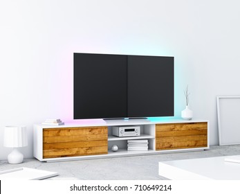 Large Smart Tv Mockup On Wooden Console, White Living Room. 3d Rendering