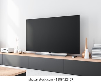 Large Smart Tv Set Mockup Standing On Console. 3d Rendering