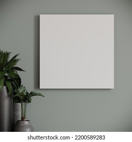 Large Square One 1 Canvas For Pictures. Accent Art Frame. Gray Walls Of Gallery Or Museum. Exhibition In A Minimalist Style And Green Plants. Blank For Idea And Artist. 3d Render