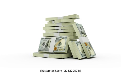 A large stack of hundred dollar bill bundles wrapped in paper bands, neatly piled on a clean white background. This 3D illustration represents wealth, financial success, banking, corporate investments, and economic growth. The crisp detail of the US currency money stacks makes it ideal for business presentations, financial planning graphics, wealth management ads, and banking promotional materials.
