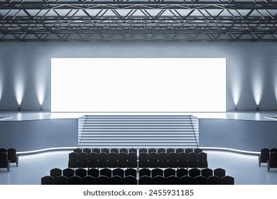 Large stage with a white screen for high impact presentations, modern event hall. 3D Rendering - Powered by Shutterstock