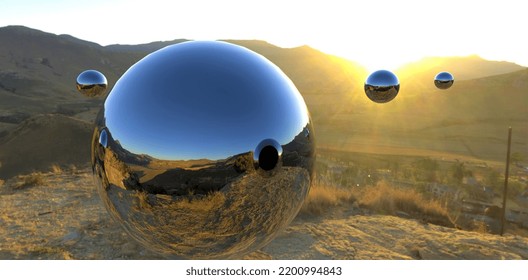 Large Steel Balls With A Reflective Surface Fly Through The Air Over A Mountain Village At Dawn. The Purpose Is Unknown. Probably Alien Civilizations. 3d Render.