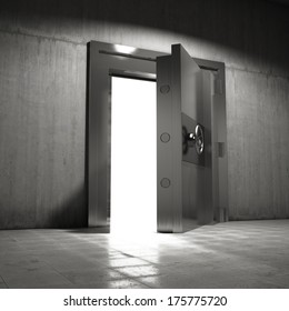 Large steel door opens into bank vault