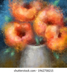 Large Still Life Floral Painting, Oil Style Orange Flowers In A Vase, Big Digital Print, Home Decor