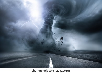 A large storm producing a Tornado, causing destruction. 3D Illustration.