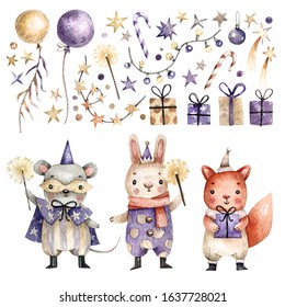 Large stylish set of cute animals in carnival costumes, balloons, gifts and stars painted with watercolor. Watercolor characters and elements isolated on a white background for cards, decor, parties, 
