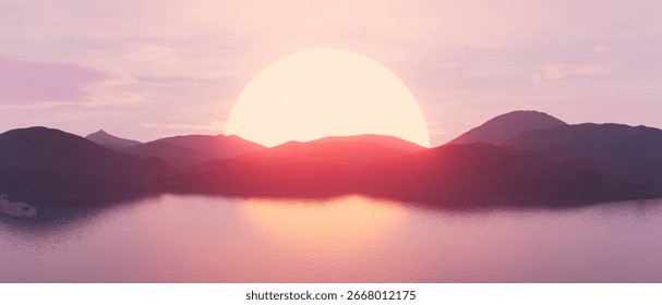 A large sun is setting over a body of water. The water is calm and the sky is pink