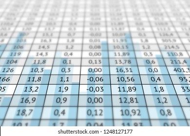 Large Table With A Lot Of Numerical Data And Statistic Graph. Business Information, Analysis Of Data And Different Indicators