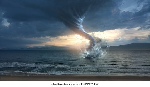 A large tornado on the ocean waters at sunset. Digital illustration