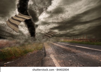 Large Tornado Over A Road