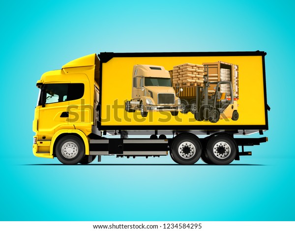 Large truck for transportation of\
building materials 3d render on blue background with\
shadow