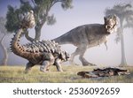 A large Tyrannosaurus rex stands menacingly over a smaller armored ankylosaurus in a lush, misty prehistoric environment, showcasing a dynamic interaction. This is a 3d render illustration