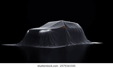 A large vehicle facing forward, its headlights illuminated, draped in a white cloth on a black background.