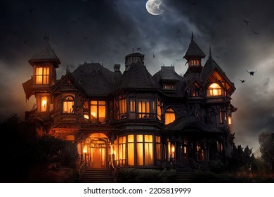 Large Victorian House Of Terror With A Full Moon In The Dark And Candlelight. Halloween Theme Of Horror House In The Dark. 3D Illustration And Fantasy Digital Painting.