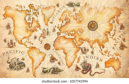 A large vintage, ancient world map, drawn by hand with dragons, sea monsters and ancient sailboats. Adventures and pirates, 
ancient treasures and quests.