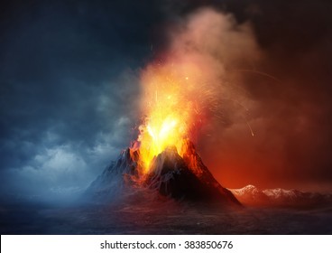 A large volcano erupting hot lava and gases into the atmosphere. 3D Illustration.
