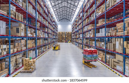 large warehouse full of goods and with lifting equipment. 3d render.