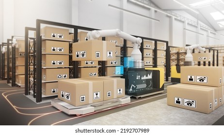 Large Warehouses Use Robotic Arms And Delivery Robots To Pick Up The Goods. Using Automation In Product Management,The Transport Vehicle Uses A Robotic Arm., 3D Rendering