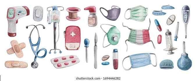 Large watercolor set on the theme of health. The kit includes drugs, diagnostic equipment, a medical tool, as well as things for first aid. Elements on a white background, stylized as real doctoral th