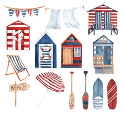 Large Watercolor Set Of Summer Illustrations - Beach Huts, Beach Chair, Umbrella, Garland, Towels, Beach Sighn, Surf, Puddles