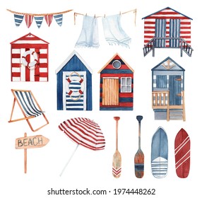 Large Watercolor Set Of Summer Illustrations - Beach Huts, Beach Chair, Umbrella, Garland, Towels, Beach Sighn, Surf, Puddles