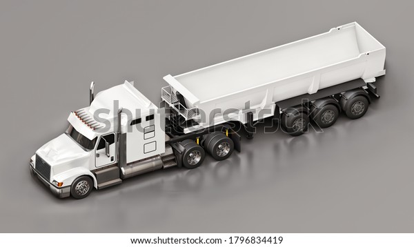 Large white American truck with a trailer\
type dump truck for transporting bulk cargo on a gray background.\
3d illustration.