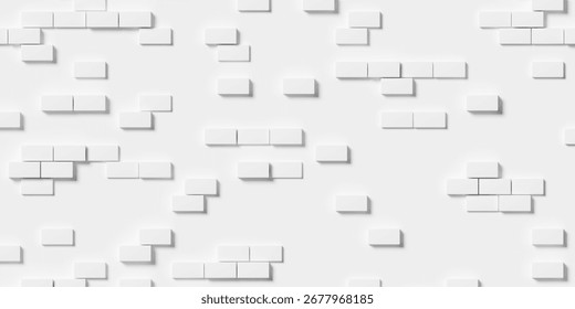 Large white boxes or bricks geometry brickwall background wallpaper banner, with random height randomly scattered, flat lay top view from above, 3D illustration