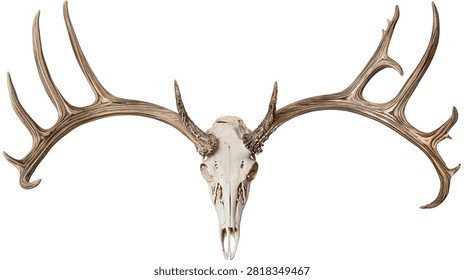 Large white deer skull with massive brown branched antlers